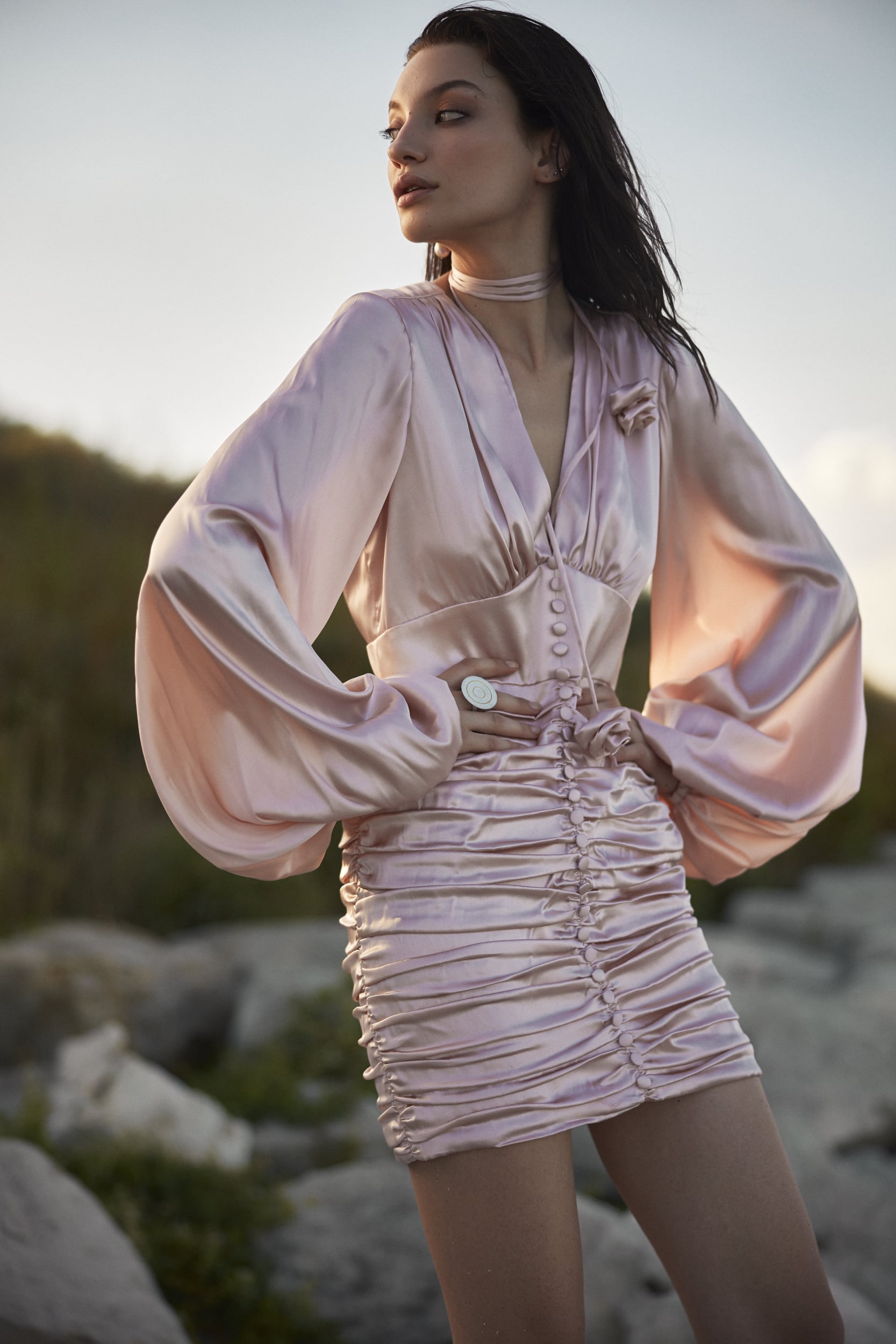 Ruched mini dress in pink satin