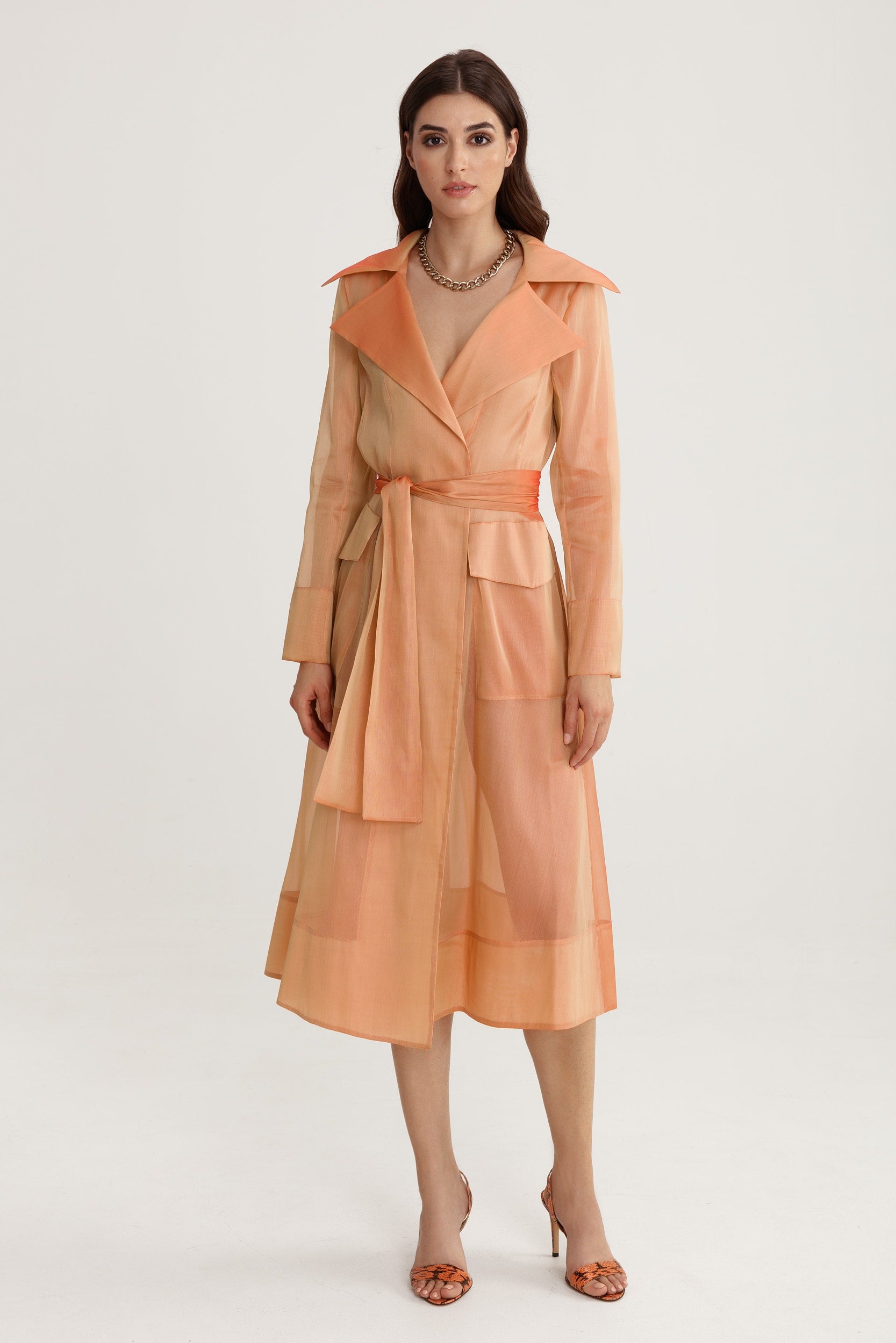 See Through Orange Organza Trench Coat