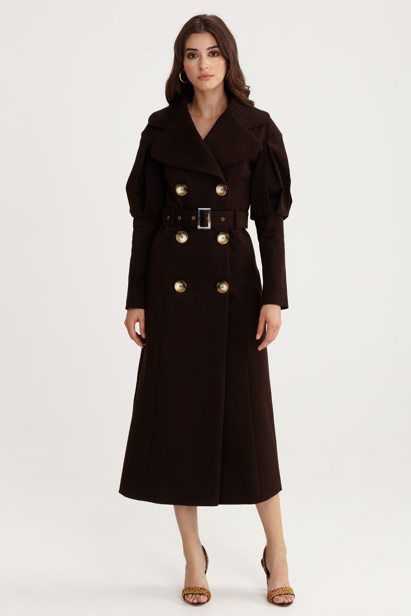 Statement pleated shoulders trench coat in chocolate brown