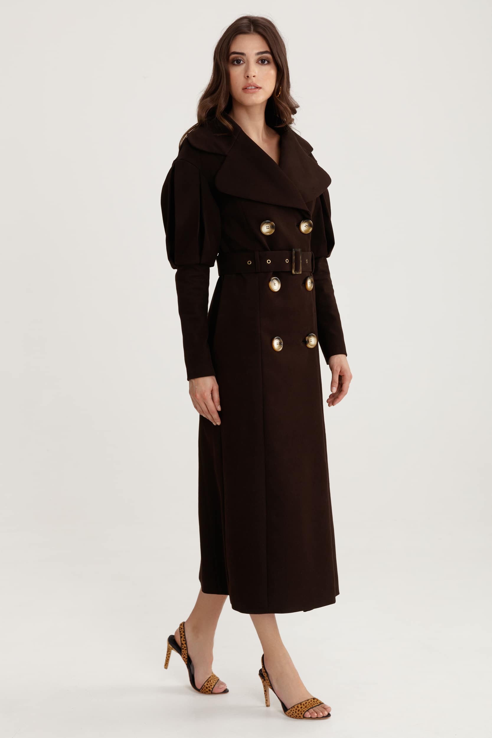 Statement pleated shoulders trench coat in chocolate brown