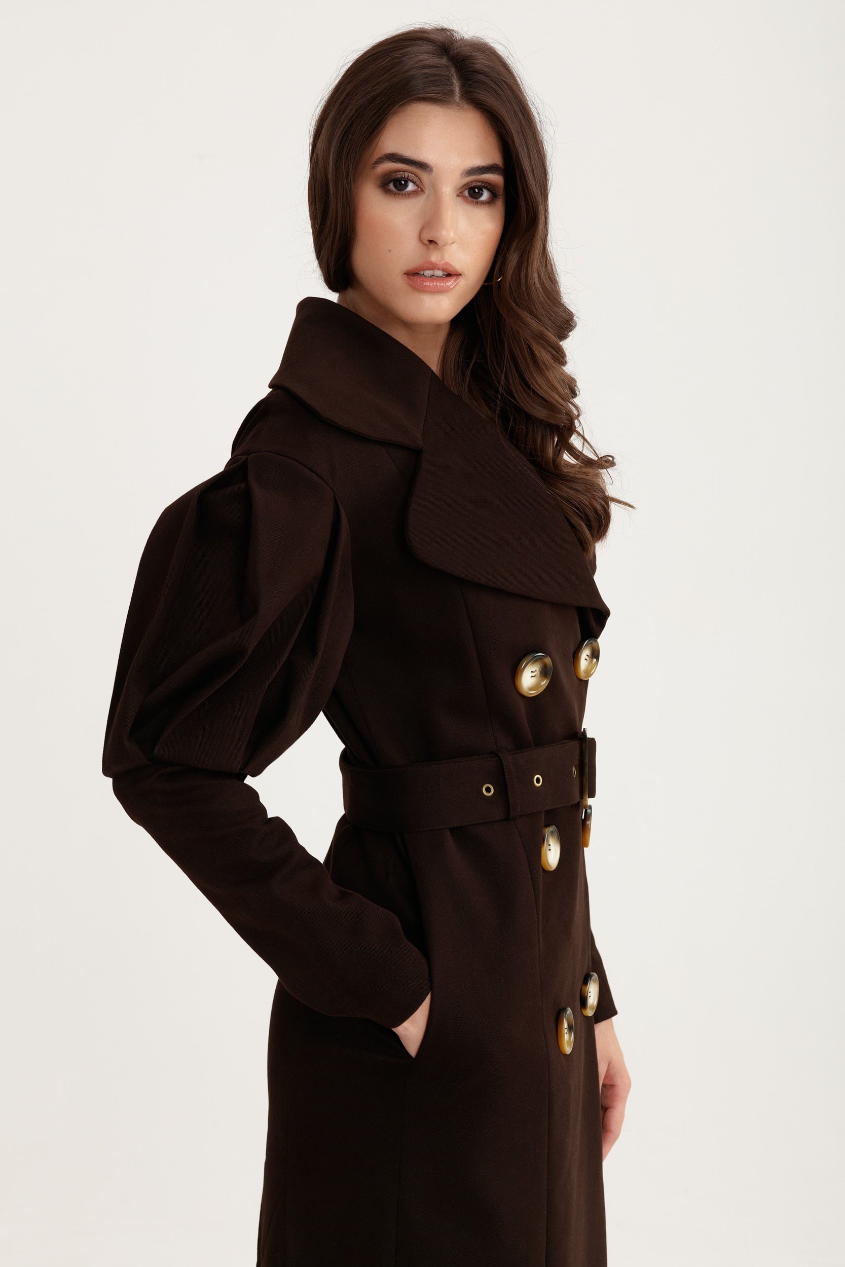 Statement pleated shoulders trench coat in chocolate brown