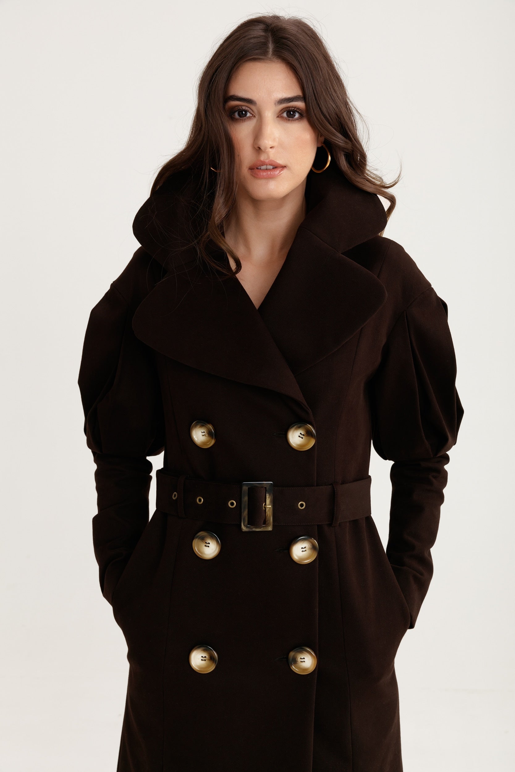 Statement pleated shoulders trench coat in chocolate brown