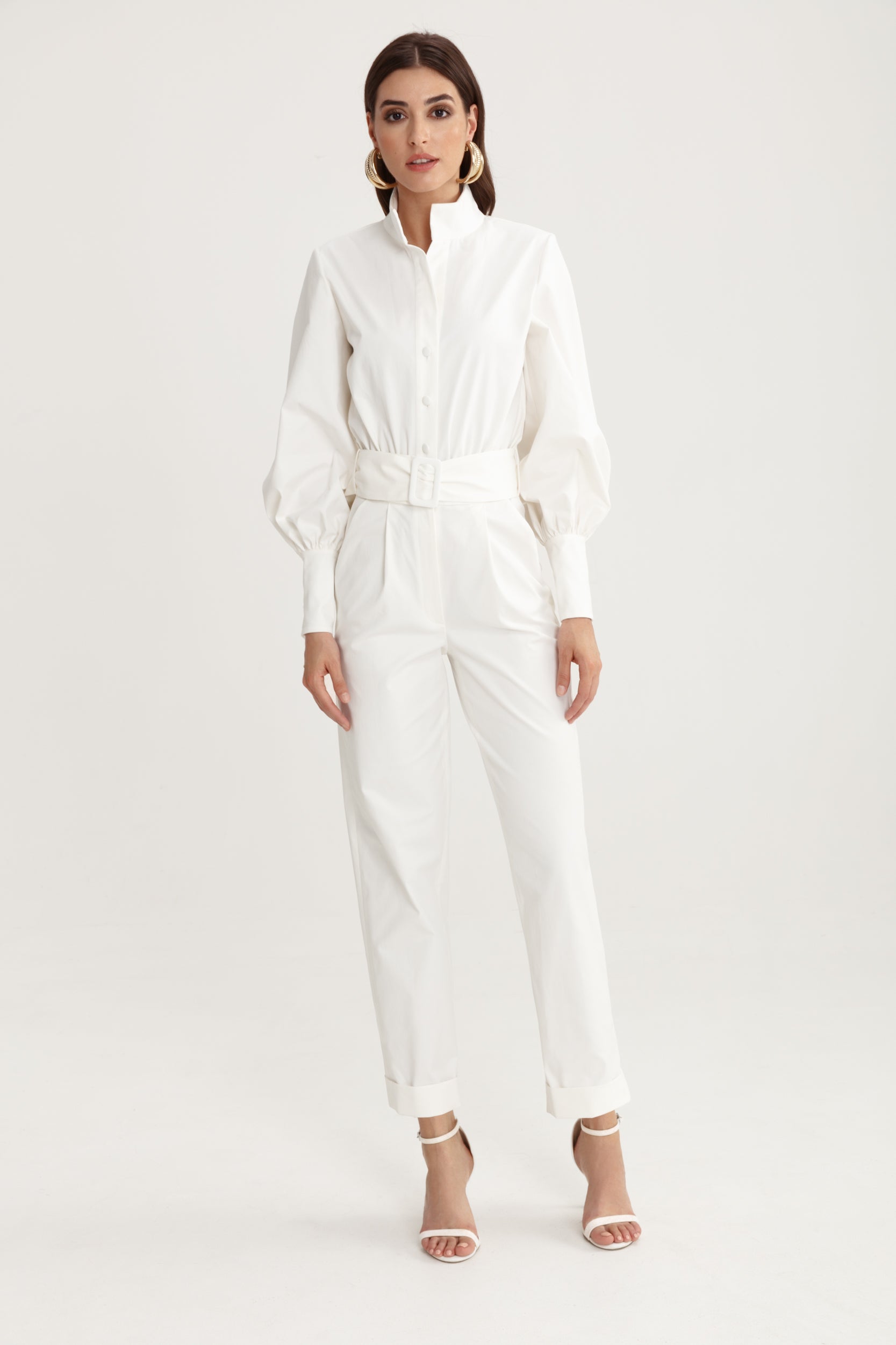 Belted vanity jumpsuit in white cotton blend