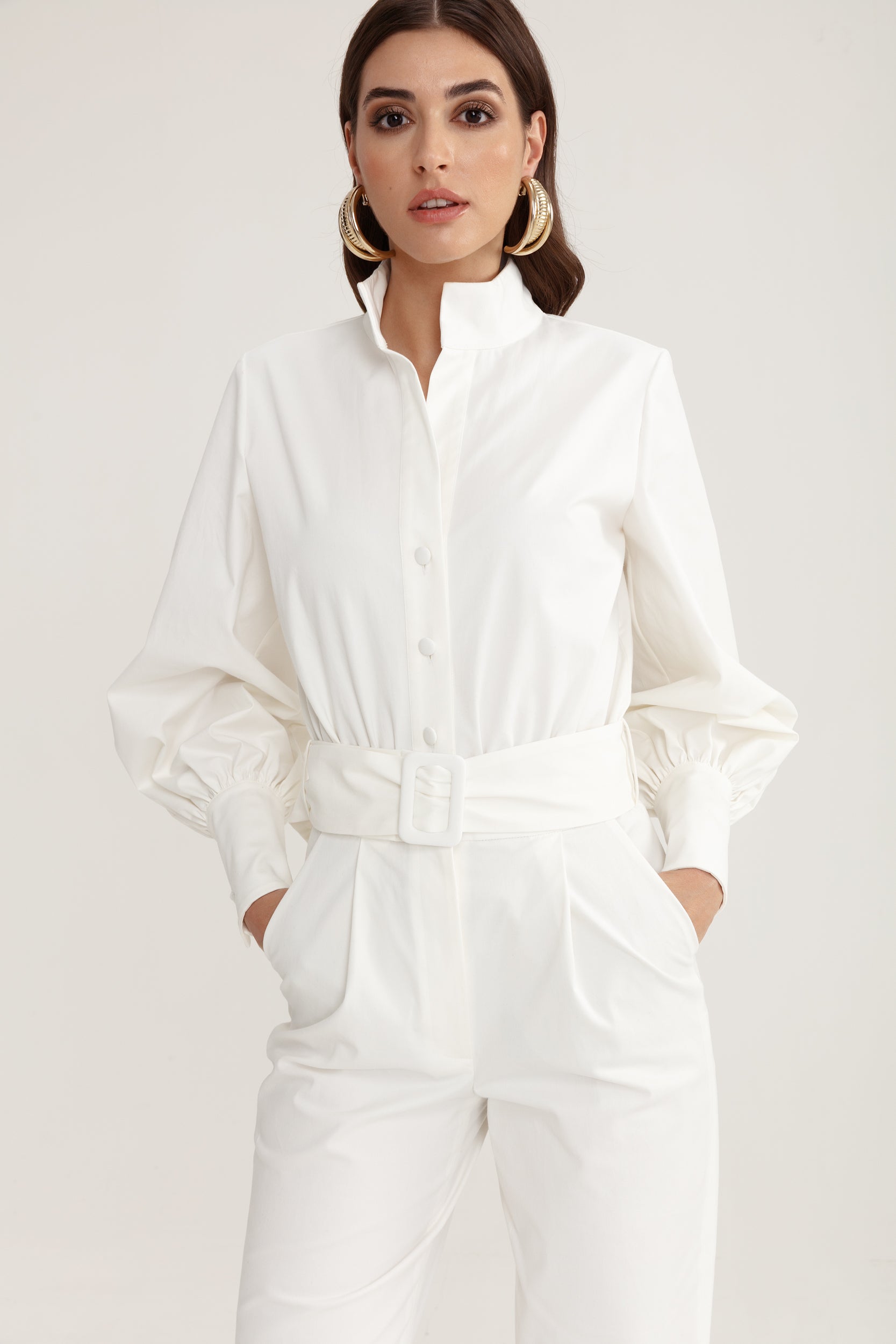 Belted vanity jumpsuit in white cotton blend