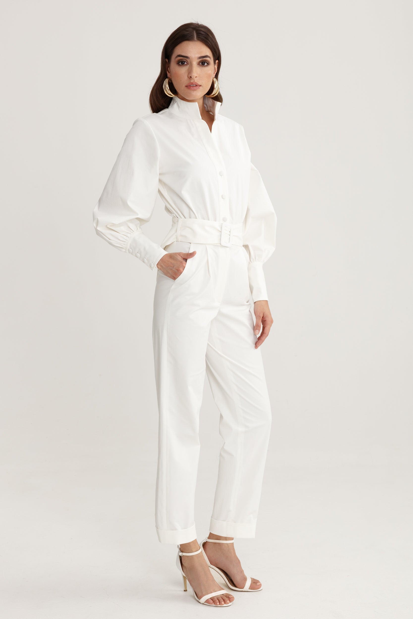 Belted vanity jumpsuit in white cotton blend