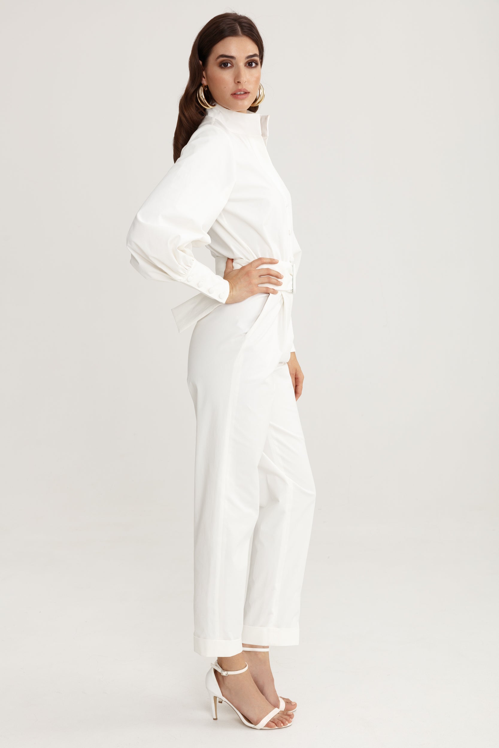 Belted vanity jumpsuit in white cotton blend